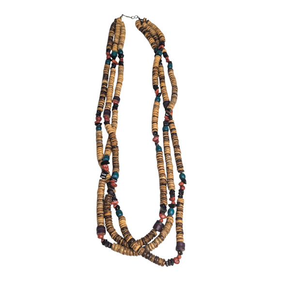 Boho Multi Layered Chunky Multi Colored Wooden Beaded Long Vintage Necklace - Picture 5 of 6